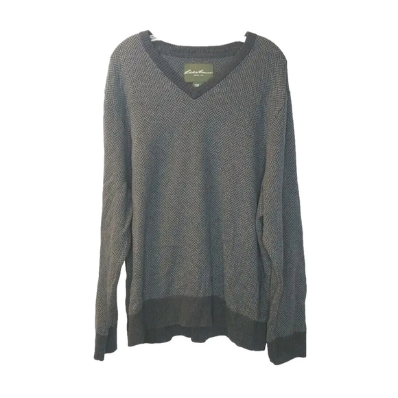 Eddie Bauer Cashmere V-neck Sweater Men Sz 2X Eclectic Grandpa Grey Herringbone - Picture 1 of 9